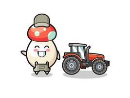 the mushroom farmer mascot standing beside a tractor vector