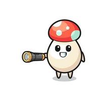 mushroom mascot holding flashlight vector