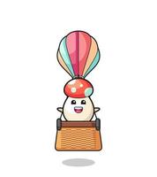 mushroom mascot riding a hot air balloon vector