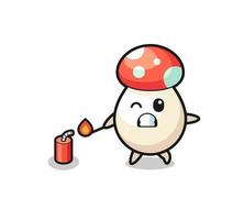 mushroom mascot illustration playing firecracker vector