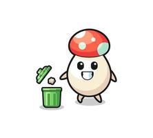illustration of the mushroom throwing garbage in the trash can vector