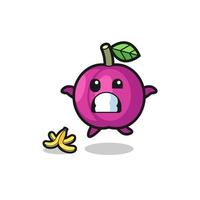 plum fruit cartoon is slip on a banana peel vector