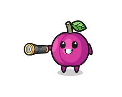 Mascota de fruta de ciruela sosteniendo linterna vector