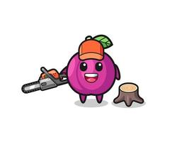 plum fruit lumberjack character holding a chainsaw vector