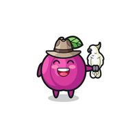 plum fruit zookeeper mascot with a parrot vector