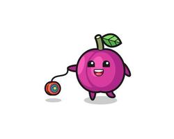 cartoon of cute plum fruit playing a yoyo vector