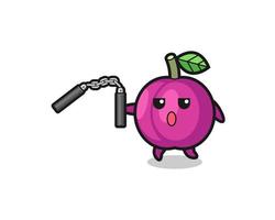 cartoon of plum fruit using nunchaku vector