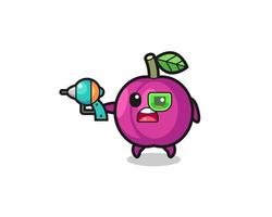 cute plum fruit holding a future gun vector