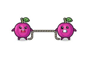 cute plum fruit character is playing tug of war game vector