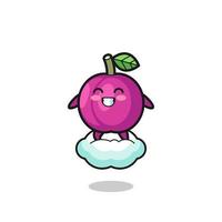 cute plum fruit illustration riding a floating cloud vector