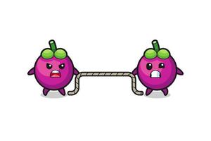 cute mangosteen character is playing tug of war game vector