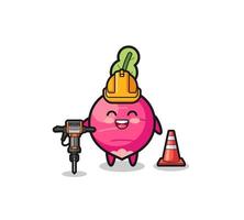 road worker mascot of radish holding drill machine vector