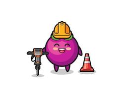 road worker mascot of mangosteen holding drill machine vector