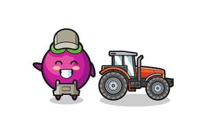 the mangosteen farmer mascot standing beside a tractor vector