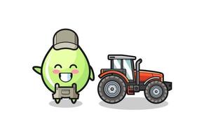 the melon juice drop farmer mascot standing beside a tractor vector