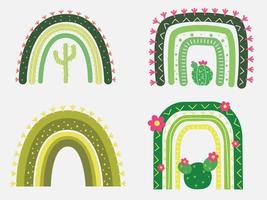 Arco iris de cactus verde con ilustrador de vector de diseño de flores
