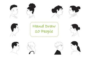vector illustrated people faces.set of man and woman hand drawn sketch, outline, black and white, illustration, character, person