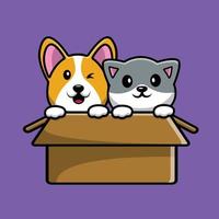 Lindo gato y perro corgi jugando en la ilustración de vector de caja