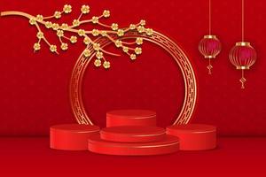 3d podium chinese new year theme with ornament flower and lantern on red background. vector