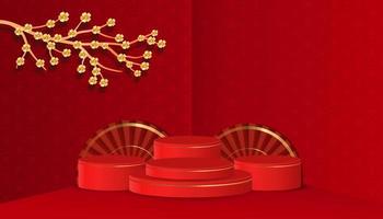 happy chinese new year with podium. scene of Chinese new year for advertisement. 3d podium vector design illustration background