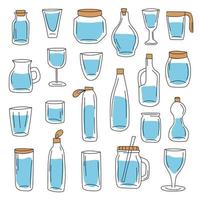 Big set of glass containers and water bottles. Hand drawn style vector