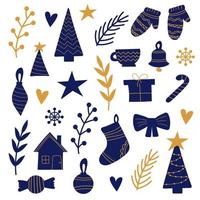 Hand drawn set of Christmas elements in blue and gold on white vector