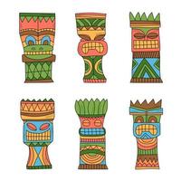 coloridos ídolos tiki polinesios de madera, talla de estatua de dioses. ilustración vectorial