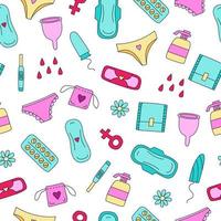 Seamless pattern illustration with feminine hygiene products. Tampons, pads vector