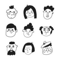 conjunto de caras de personajes en estilo doodle, ilustración vectorial vector