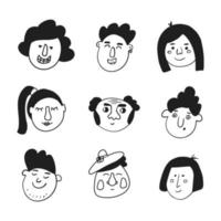 conjunto de caras de personajes en estilo doodle, ilustración vectorial vector