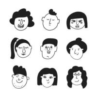 conjunto de caras de personajes en estilo doodle, ilustración vectorial vector