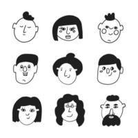 conjunto de caras de personajes en estilo doodle, ilustración vectorial vector