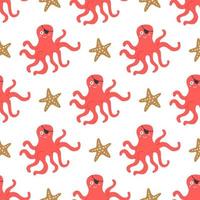 Octopus with pirate armband and starfish, vector seamless pattern in flat cartoon style