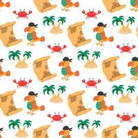 Parrot with pirate map among palm trees, vector seamless pattern in flat cartoon style