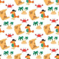 Parrot with pirate map among palm trees, vector seamless pattern in flat cartoon style