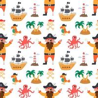 Pirate with parrot, ship, octopus and island, vector seamless pattern in flat cartoon style