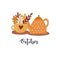 Ilustración de vector de otoño. linda tetera y taza con hojas de otoño. dibujado a mano.