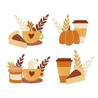 Set of autumn elements. Hot drinks, tea with jam, pumpkin latte, coffee with pie vector