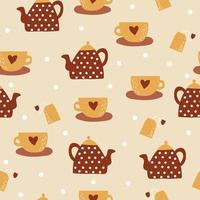 Vector seamless pattern with cups, teapot, tea bag. Teatime.