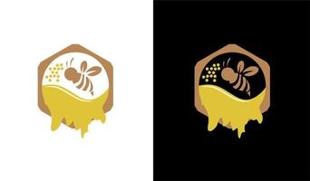 flying bee with sweet honey liquid, with hexagon circle, honey bee logo vector illustration, isolated on a black and white background