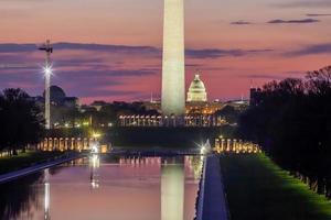 Washington monument, mirrored in the reflecting pool in Washington, DC.