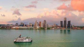 Cityscape of Detroit skyline in Michigan, USA at sunset photo