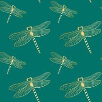 Golden dragonflies on emerald background seamless pattern vector