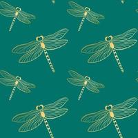 Golden dragonflies on emerald background seamless pattern vector