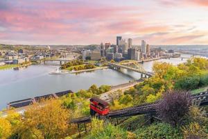 Cityscape of downtown skyline and vintage incline in Pittsburgh, Pennsylvania, USA