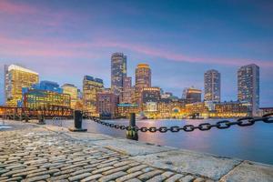 Panorama view of Boston skyline with skyscrapers over water at twilight inUSA photo