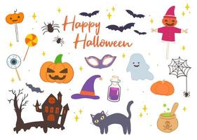 conjunto de elementos de halloween de dibujos animados dibujados a mano aislados vector