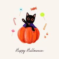 lindo gatito negro de halloween en la calabaza agitando la mano vector