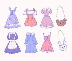 Set of colorful hand-drawn young girl dress outfit with teddy bear and bunny bag. Cute kawaii girl clothes. Vector EPS 10