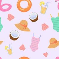 Seamless pattern of summer beach elements on pink background. vector